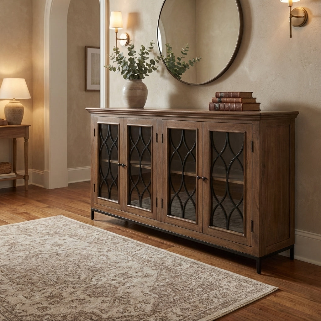 Eliza 82" 4 Door Glass Front Sideboard - Natural + Smoke
