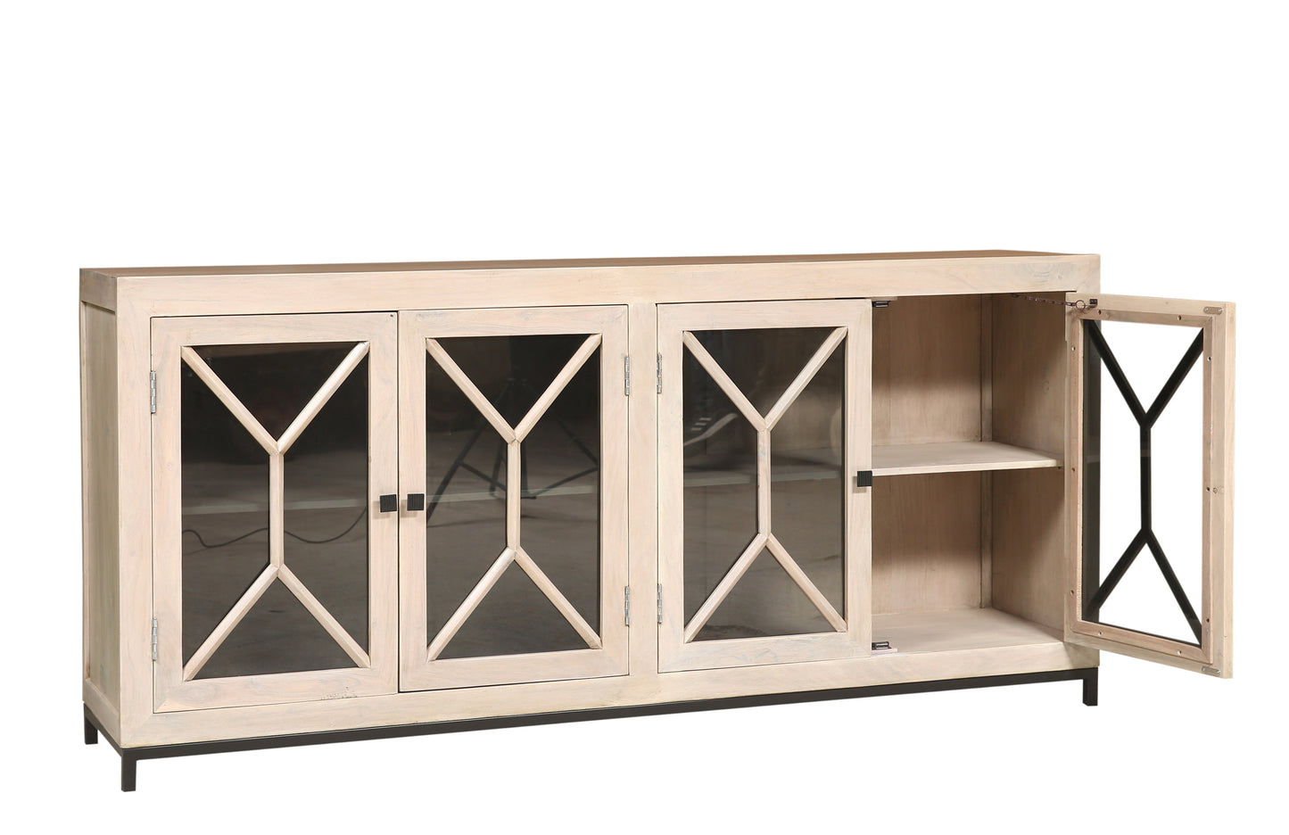 Candace 82" Smoked Glass 4 Door Sideboard - New White Wash