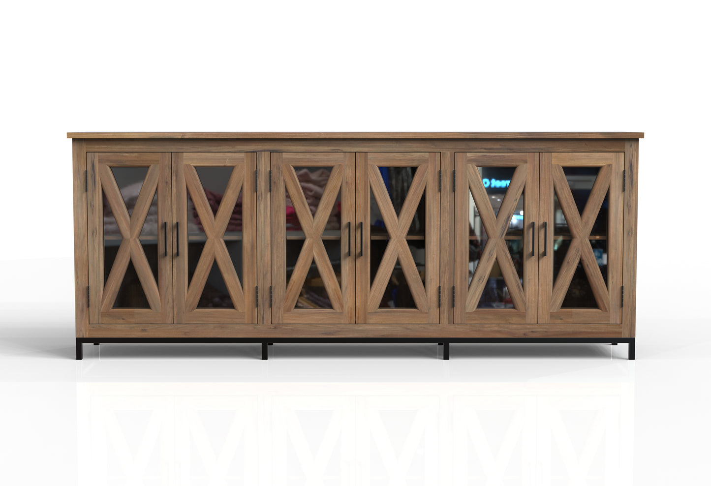 Wesley 100" 6 Door Glass Front Sideboard - Natural + Gray