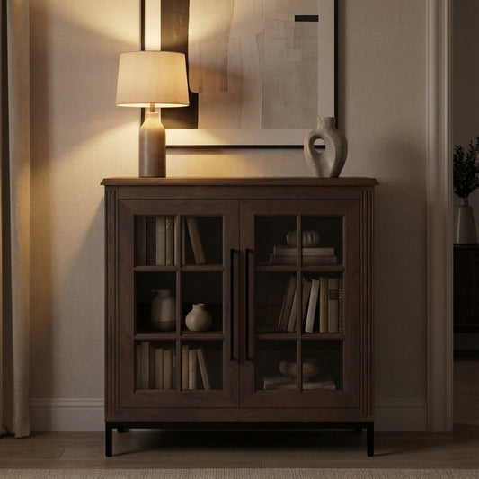 Atwell 40" 2 Door Glass Front Cabinet - Natural + Black