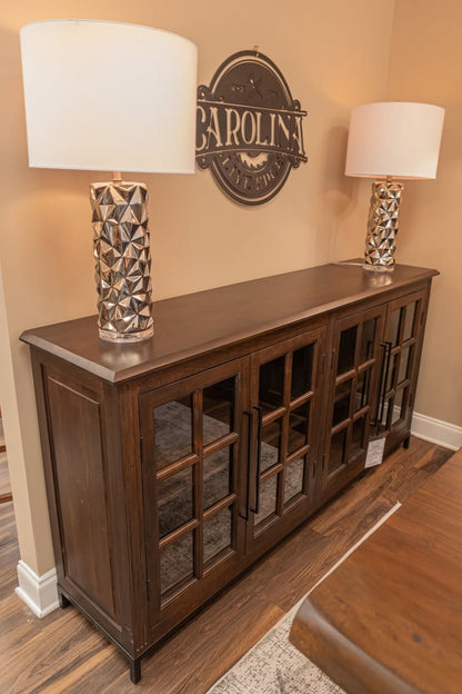 Atwell 77" 4 Door Glass Front Sideboard - Natural + Black