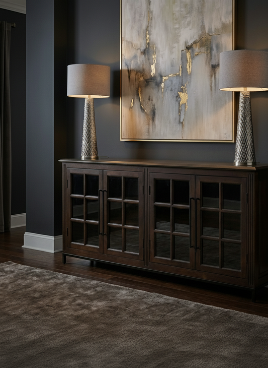 Atwell 77" 4 Door Glass Front Sideboard - Natural + Black