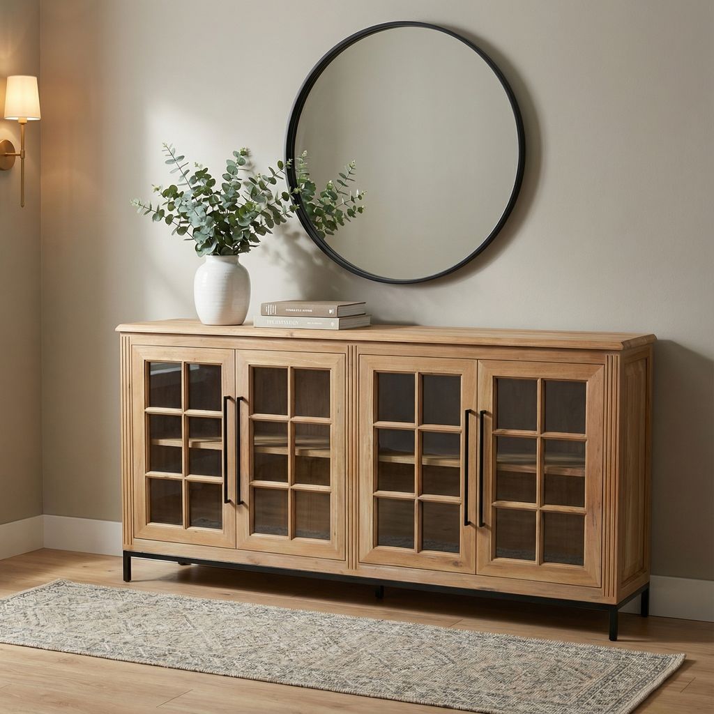 Atwell 77" 4 Door Glass Front Sideboard - Natural + Gray
