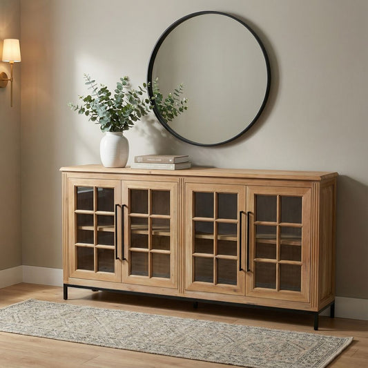 Atwell 77" 4 Door Glass Front Sideboard - Natural + Gray