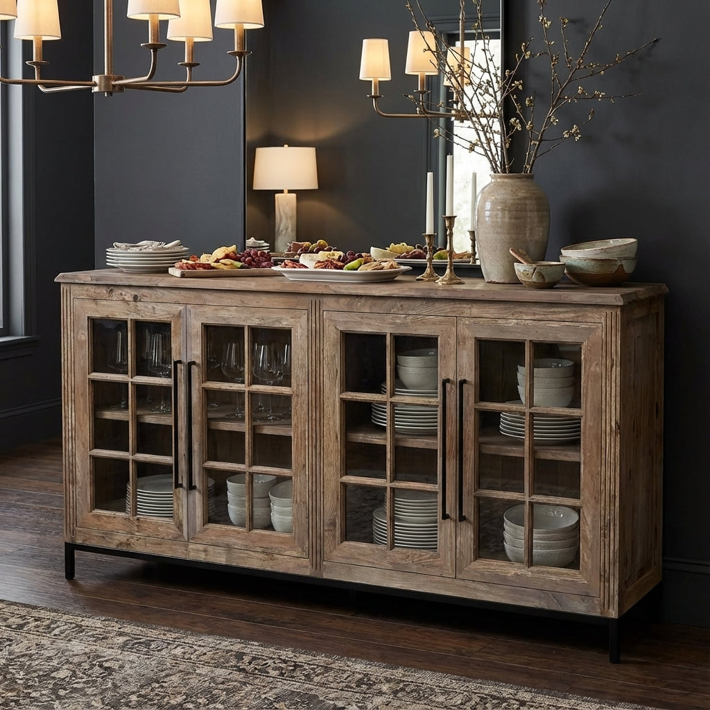 Atwell 77" 4 Door Glass Front Sideboard - Natural + Smoke