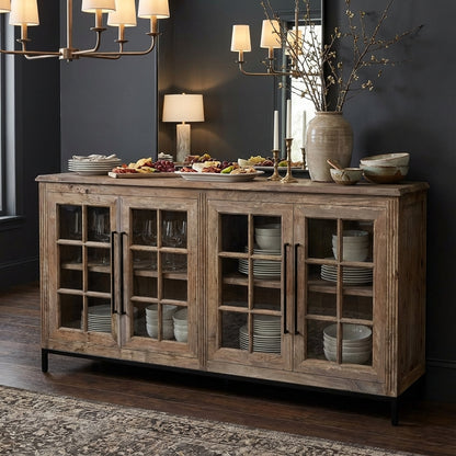 Atwell 77" 4 Door Glass Front Sideboard - Natural + Smoke