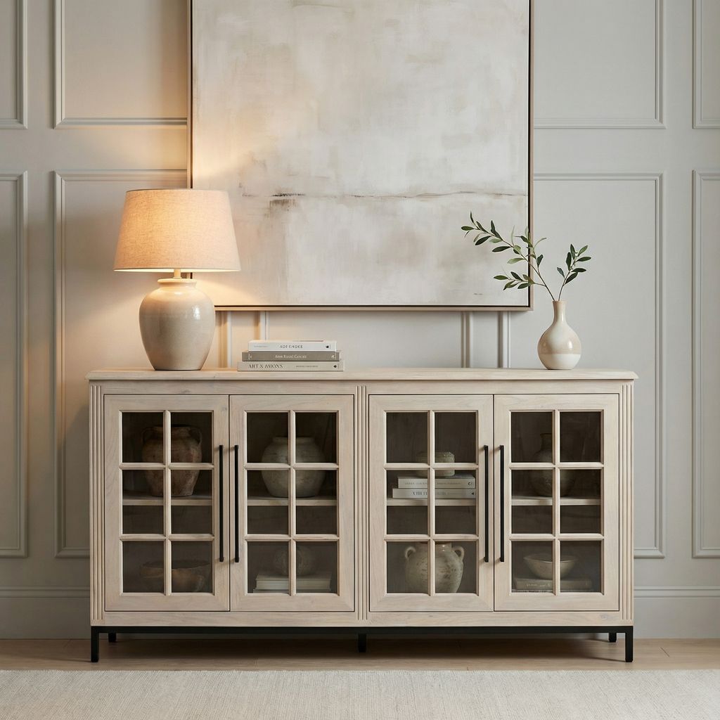 Atwell 77" 4 Door Glass Front Sideboard - New White Wash