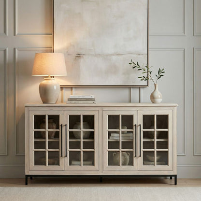 Atwell 77" 4 Door Glass Front Sideboard - New White Wash