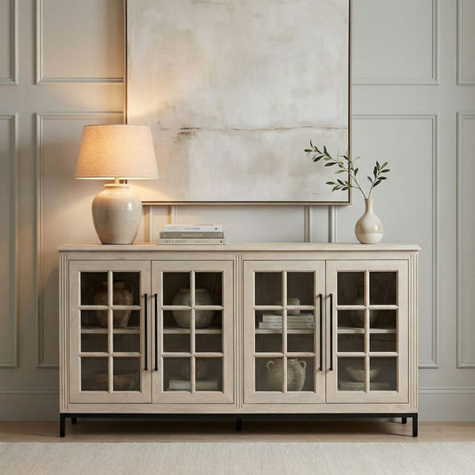 Atwell 77" 4 Door Glass Front Sideboard - New White Wash