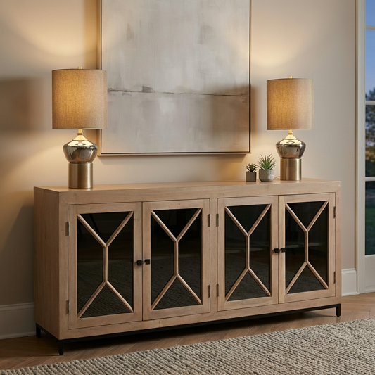 Candace 82" Smoked Glass 4 Door Sideboard - New White Wash