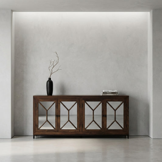 Candace 82" Smoked Glass 4 Door Sideboard - Natural + Black