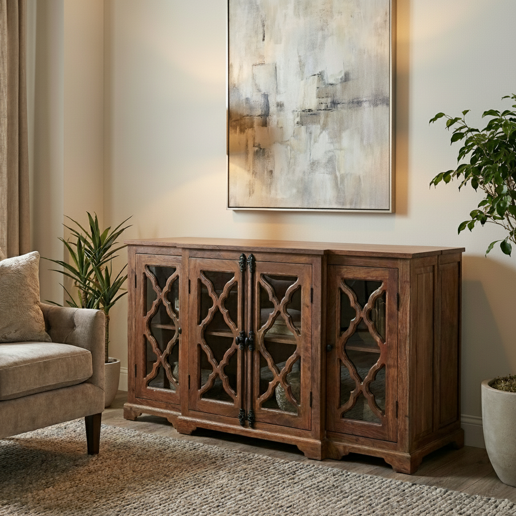 Charlene 72" Acacia 4 Door Breakfront Sideboard - Natural + Gray