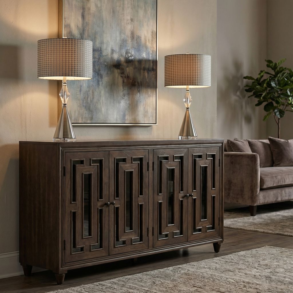 Dominic 71" Acacia 4 Door Glass Front Sideboard - Natural + Smoke