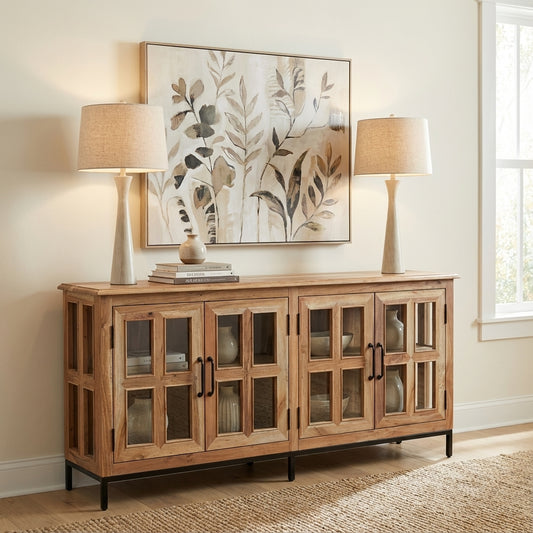 Tomas 76" 4 Door Glass Front Sideboard - Natural
