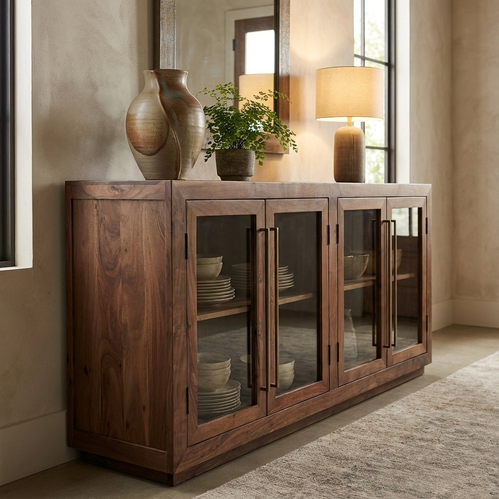 Tristan 72" 4 Door Glass Front Sideboard - Natural + Smoke