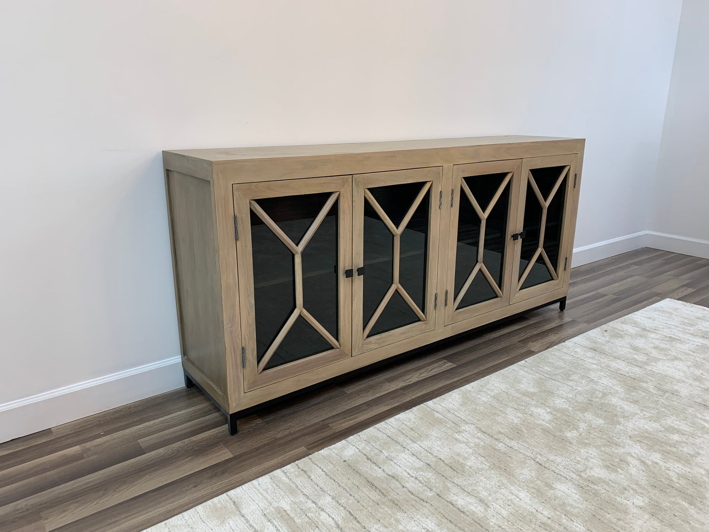 Candace 82" Smoked Glass 4 Door Sideboard - New White Wash