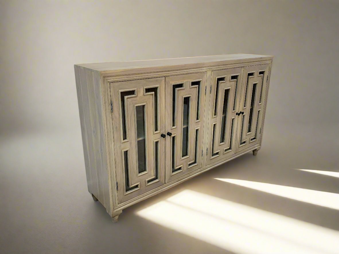Dominic 71" Acacia 4 Door Glass Front Sideboard - New White Wash