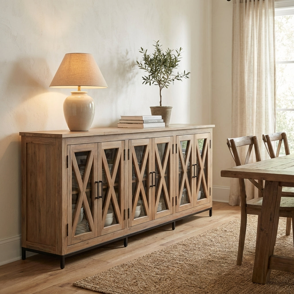 Wesley 100" 6 Door Glass Front Sideboard - Natural + Gray