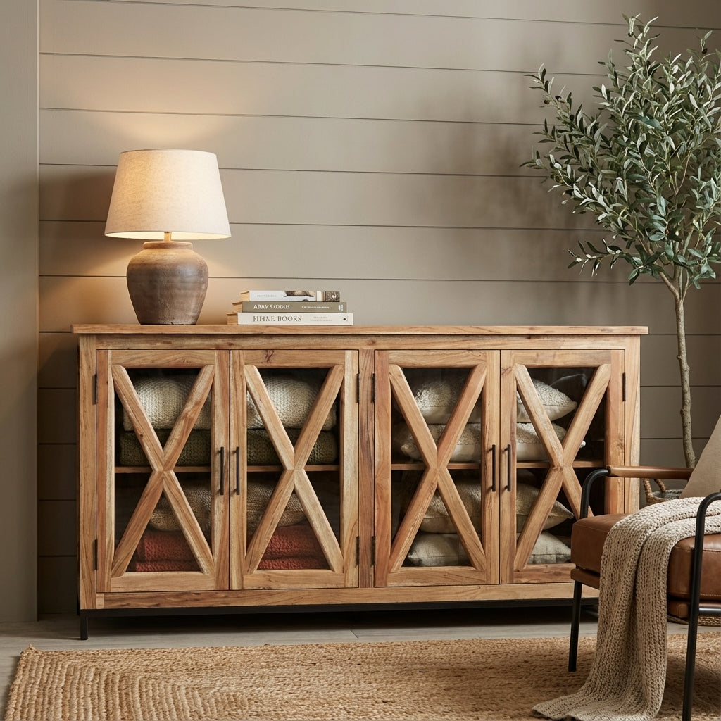 Wesley 76" 4 Door Glass Front Sideboard - Natural