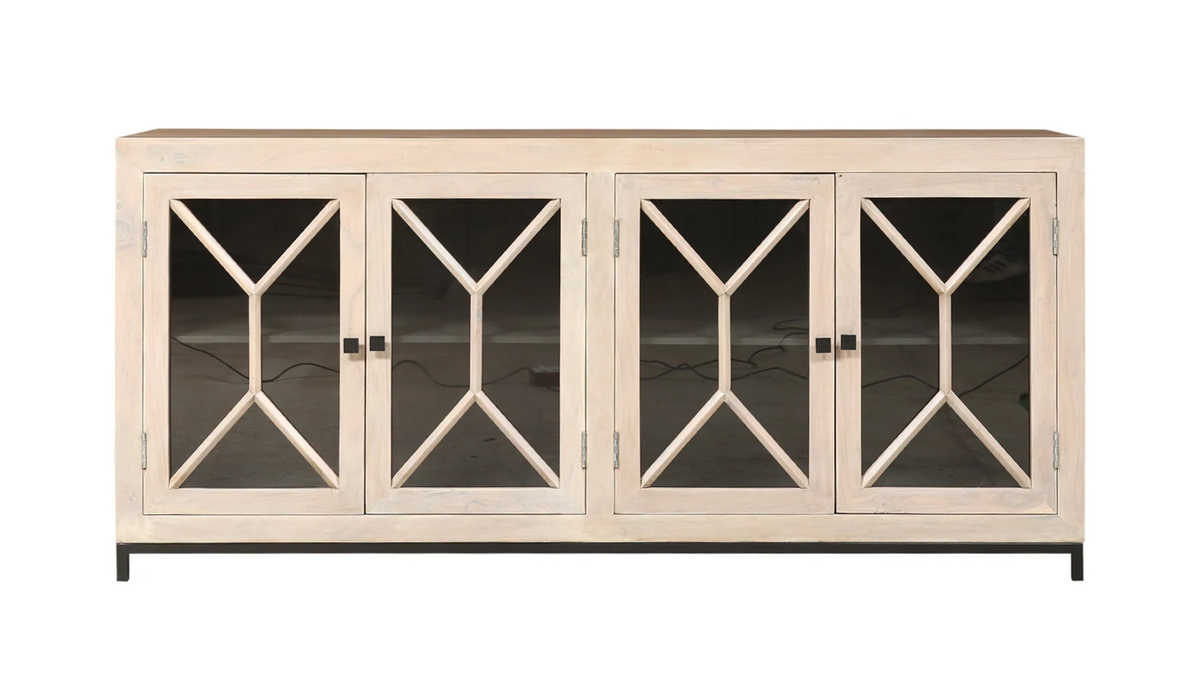 Candace 82" Smoked Glass 4 Door Sideboard - New White Wash